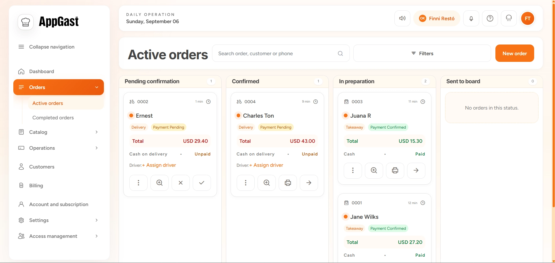 AppGast Platform: panel de pedidos en operación